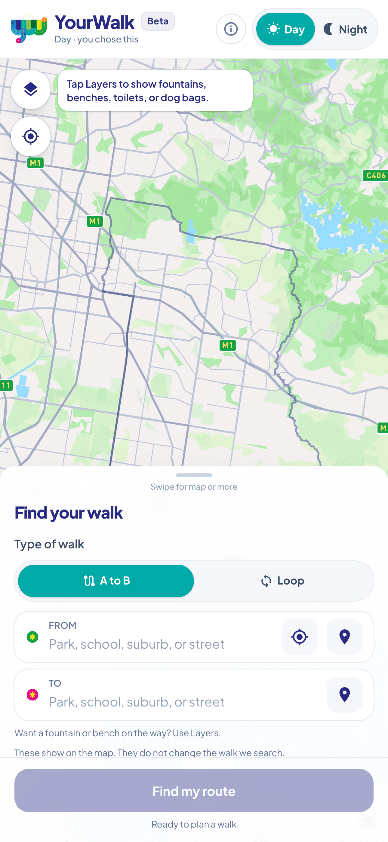 Preview of the YourWalk planner in Day mode