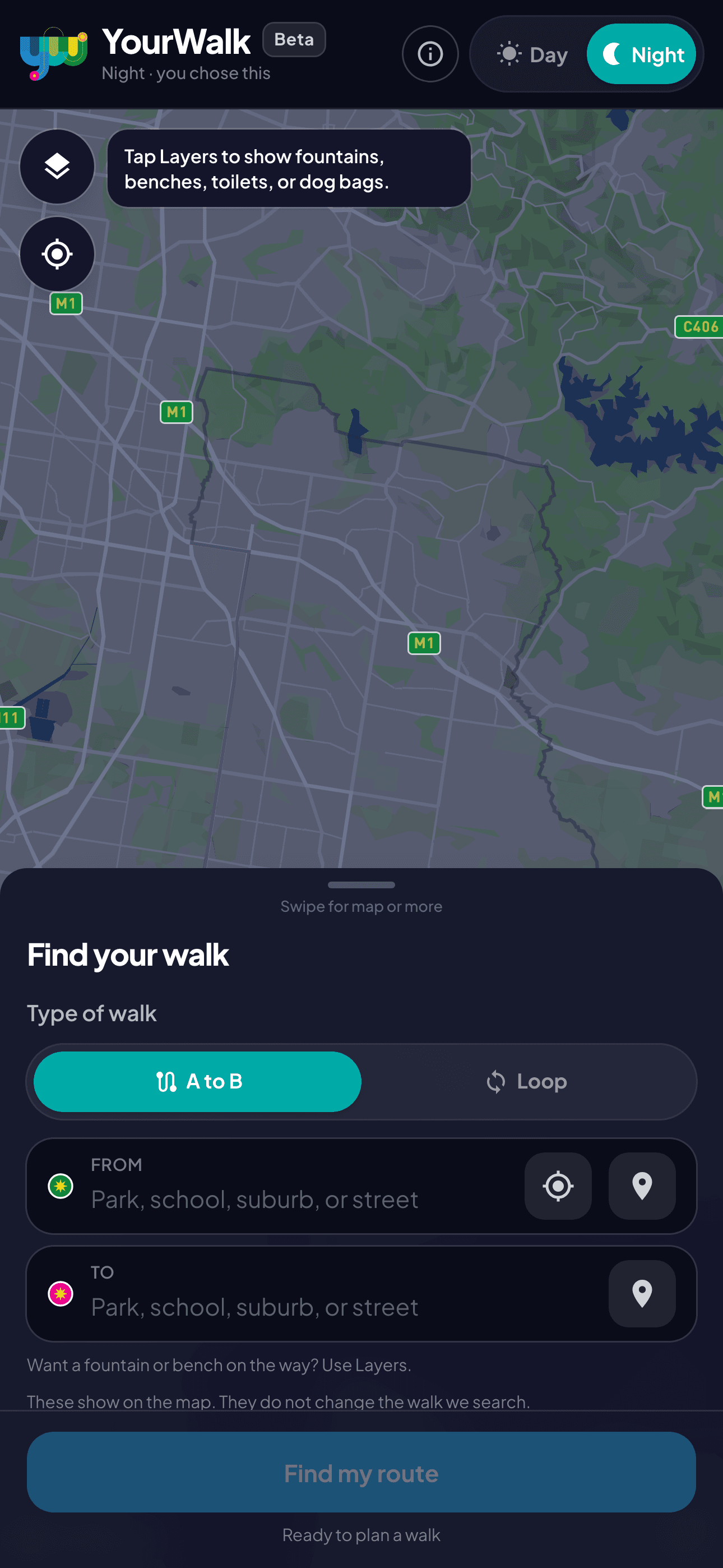 Preview of the YourWalk planner in Night mode